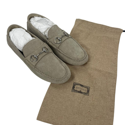 Gucci Horsebit Suede Driver Loafers Moccasin Oatmeal Beige Size 8 US 8.5