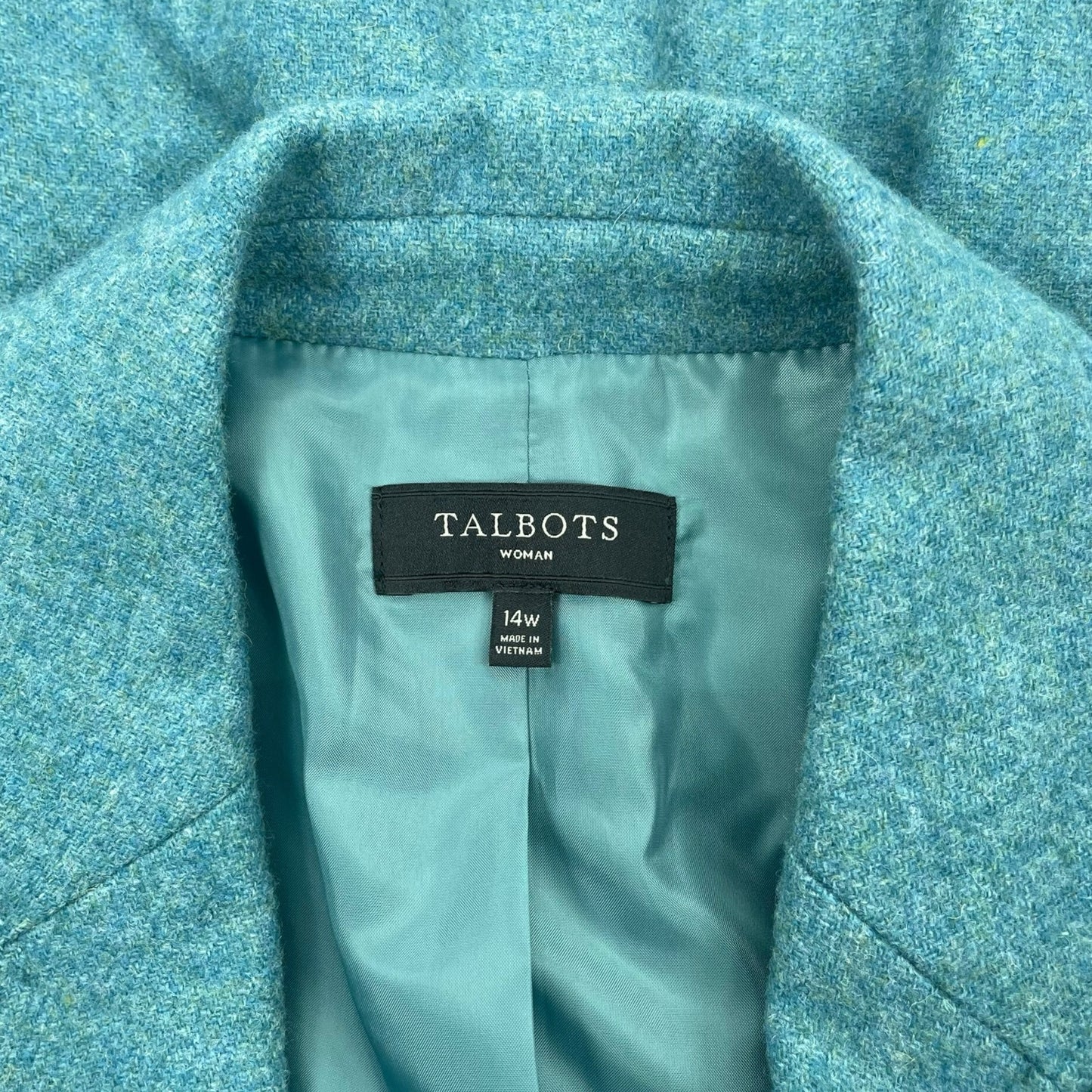 Talbots Wool Blend 2 Button Blazer Jacket Heather Teal Blue Size 14W