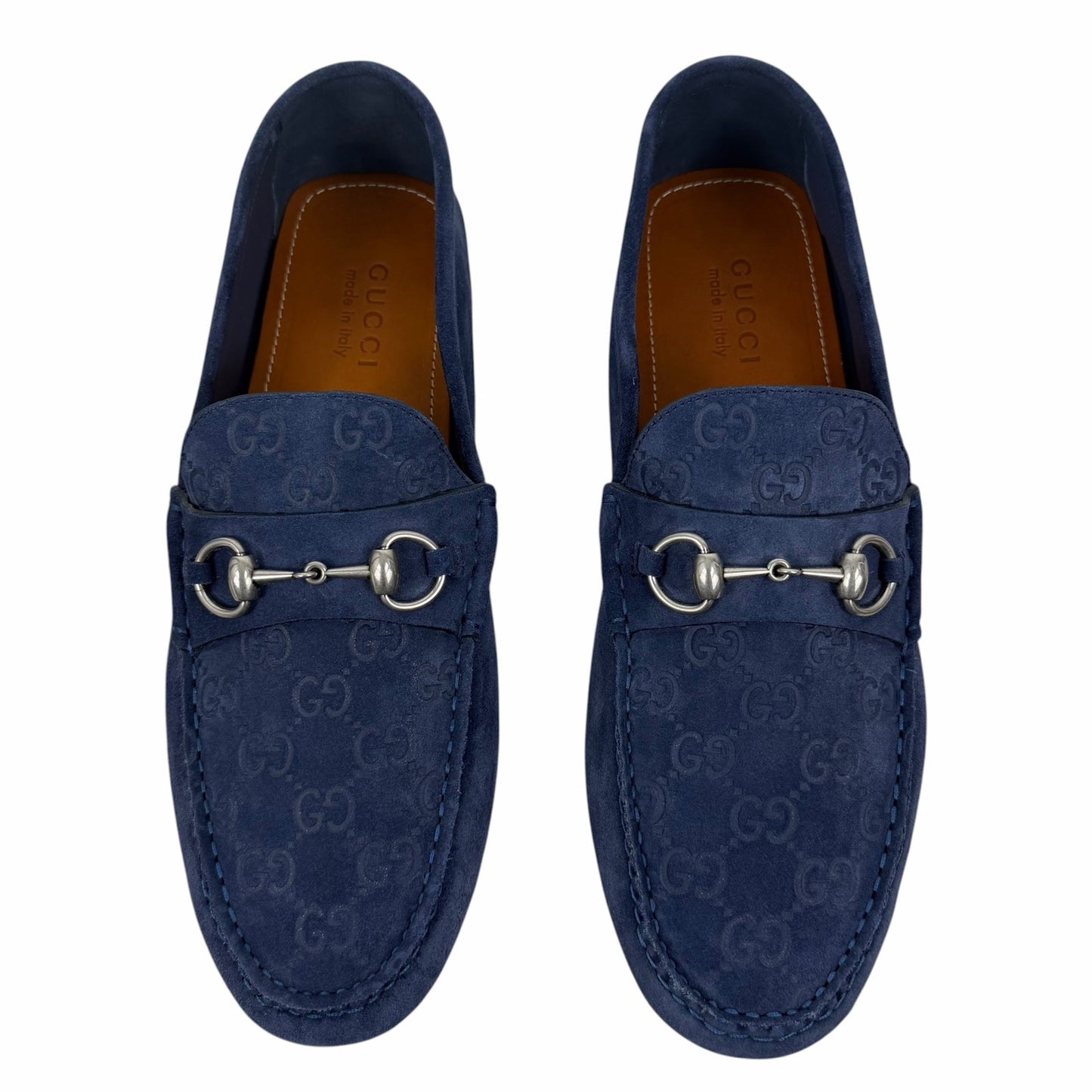 Gucci Byorn Guccisima Horsebit Suede Driver Loafer Blue Size 11/US 11.5