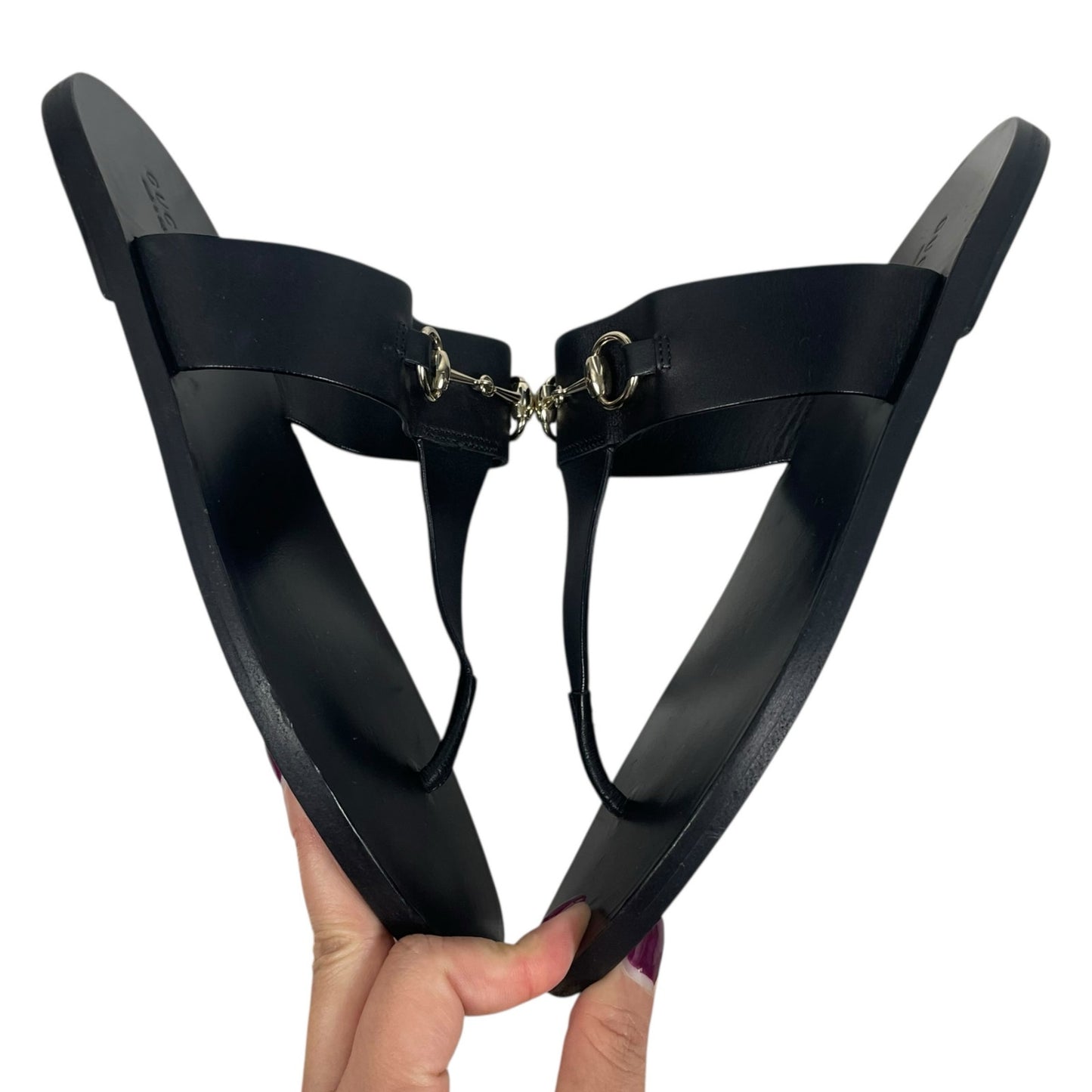 Gucci Horsebit Calf Leather Thong Sandal Slide Black Silver Size 37.5