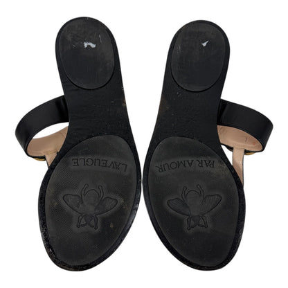 Gucci Black Leather Thong Sandal Gold Double G Logo Size 38.5