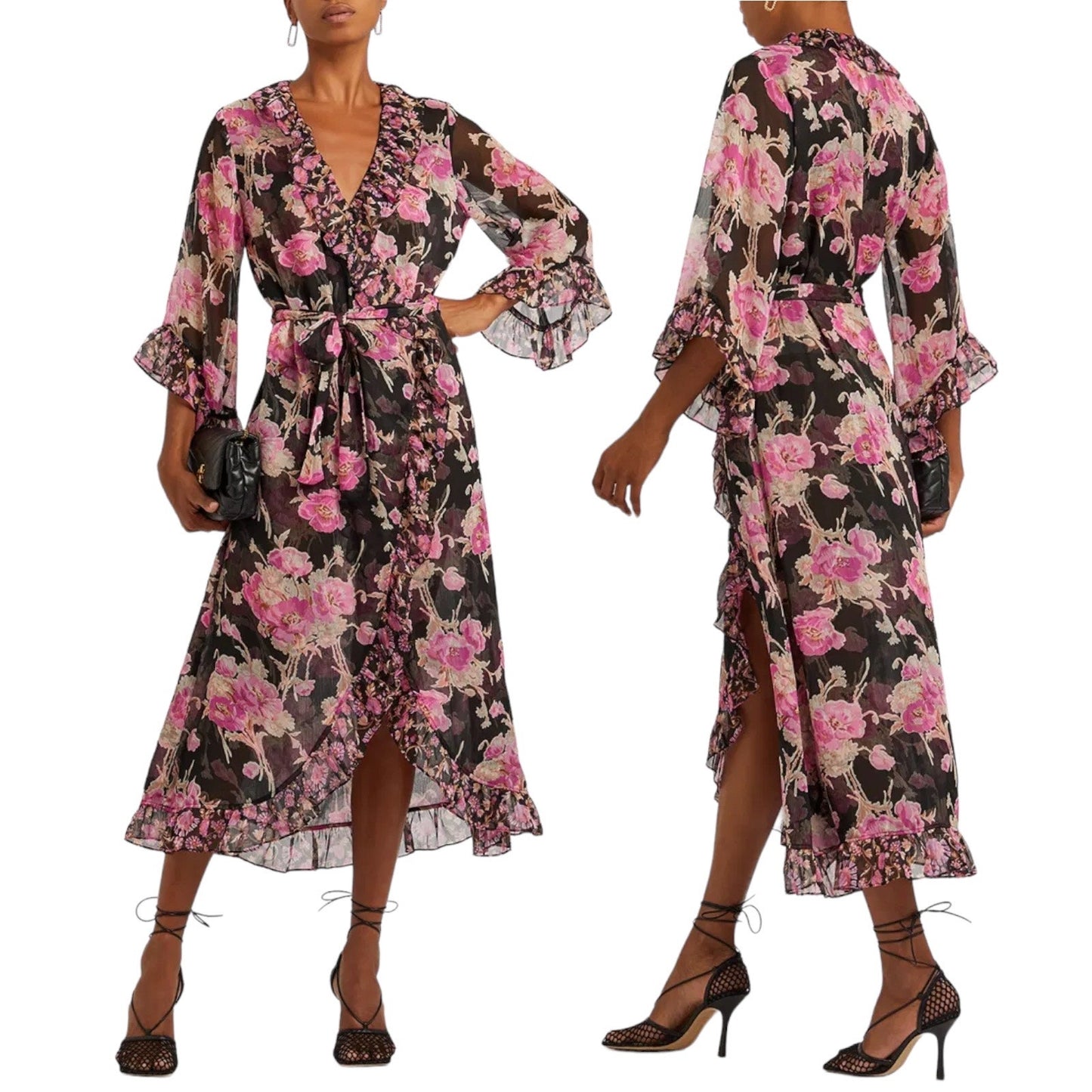 MISA Los Angelos Naia Floral Print Chiffon Wrap Midi Dress Size XS