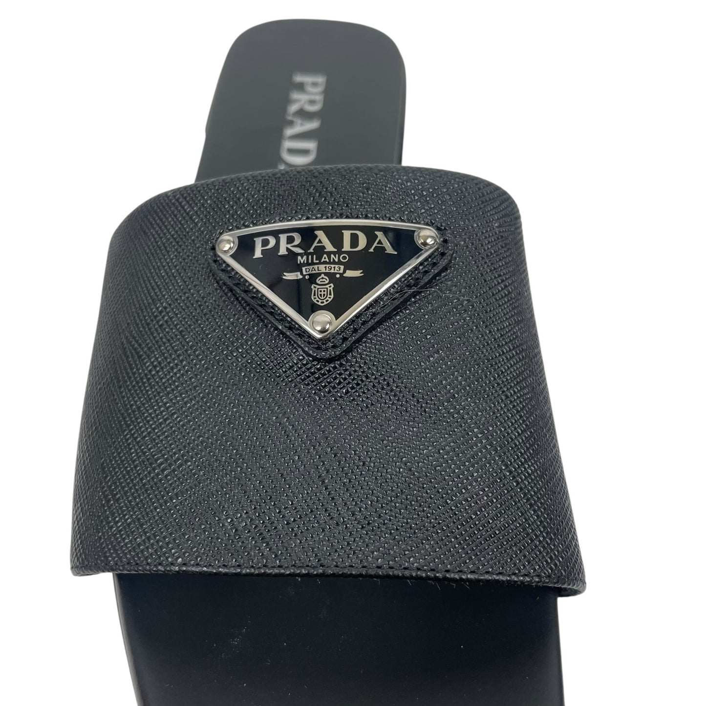 Prada Saffiano Triangle Logo Plaque Slide Flat Sandal Black Size 36.5