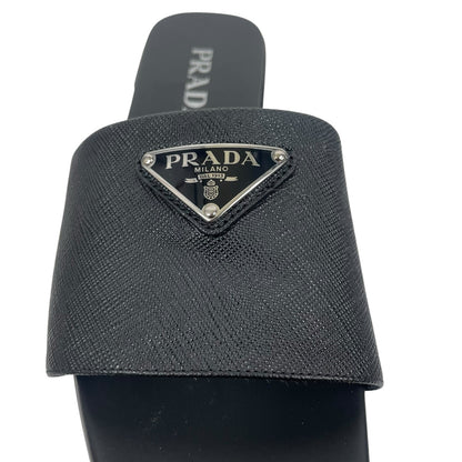 Prada Saffiano Triangle Logo Plaque Slide Flat Sandal Black Size 36.5