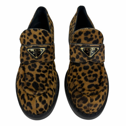 Prada Enamel Triangel Logo Leopard Printed Leather Loafer Brown Size 38.5
