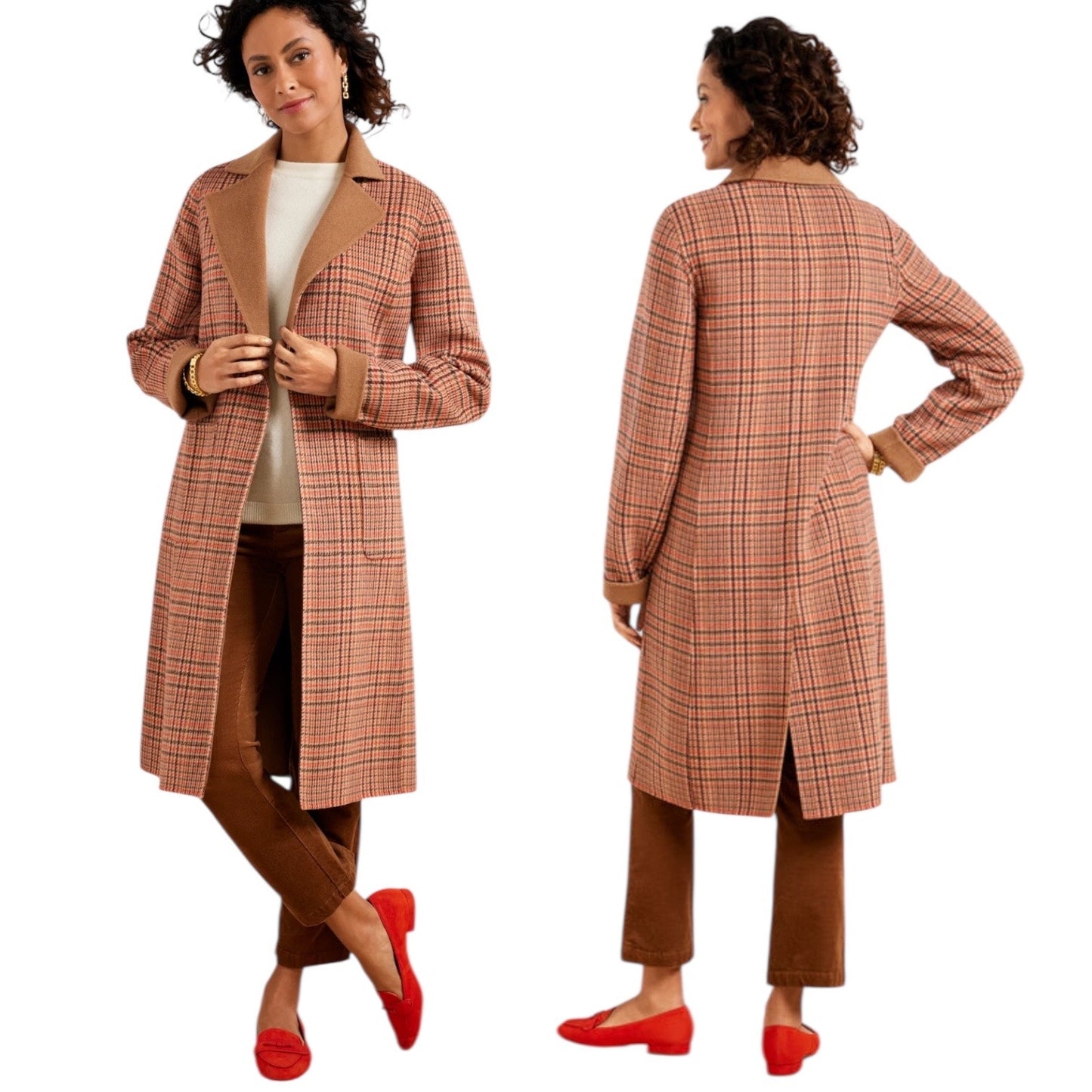 Talbots Wool Blend Doubleface Long Coat Campfire Plaid Size 8