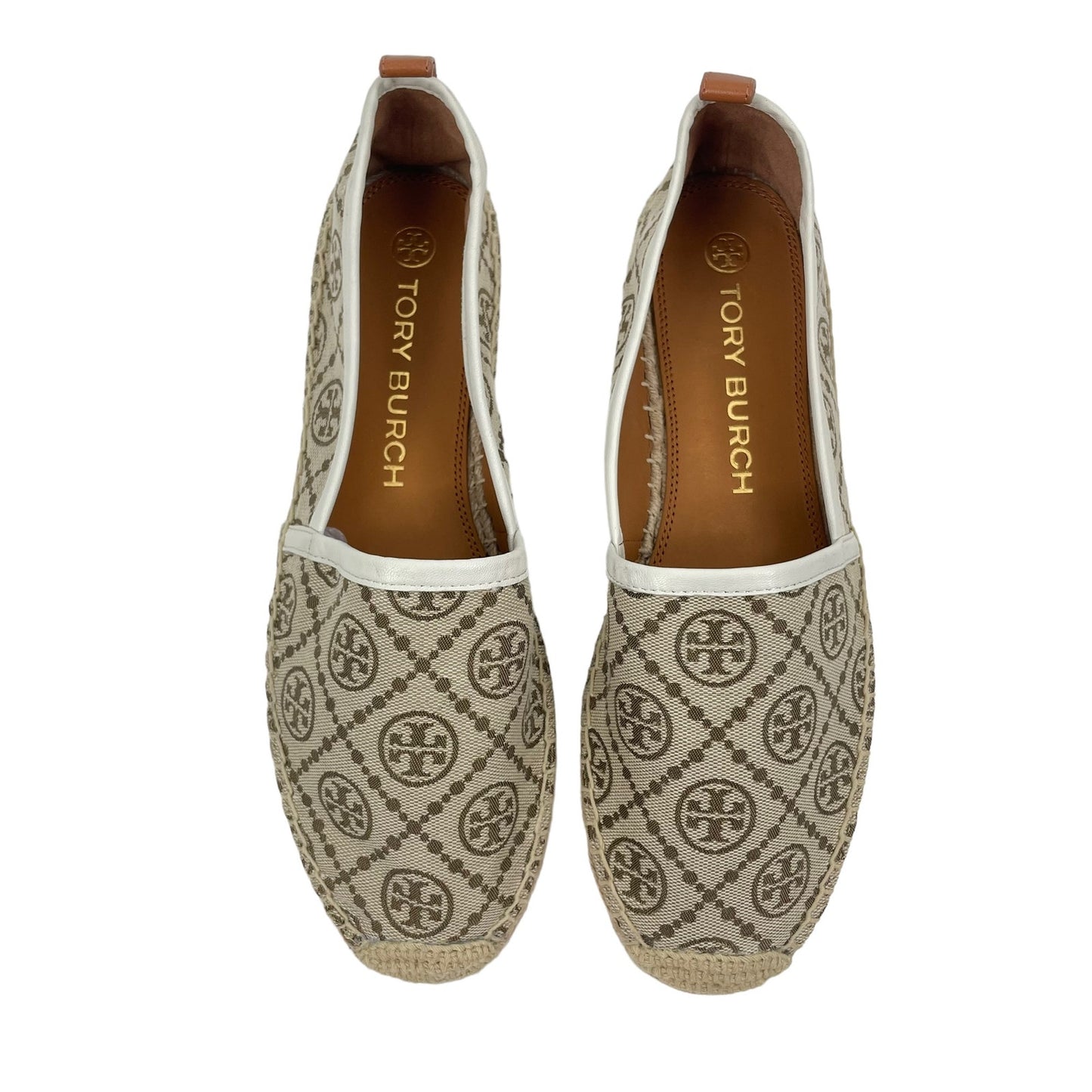 Tory Burch T Logo Monogram Espadrilles  Hazel White Leather Size 10