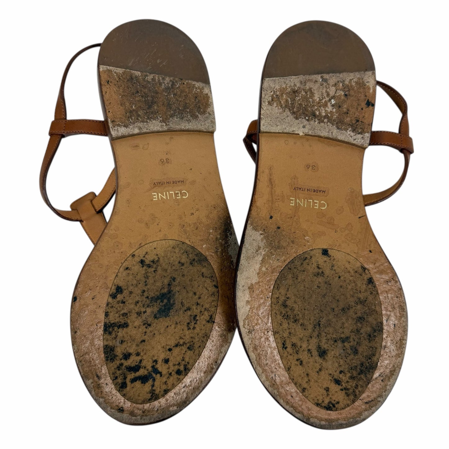 Celine Triomphe Thong Leather Flat Sandal Ankle Strap Brown Size 36
