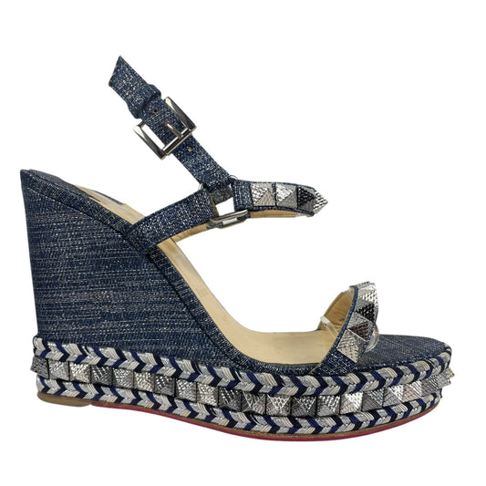 Christian Louboutin Lame Lux Pyraclou 110 Denim Wedge Sandal Blue Size 41