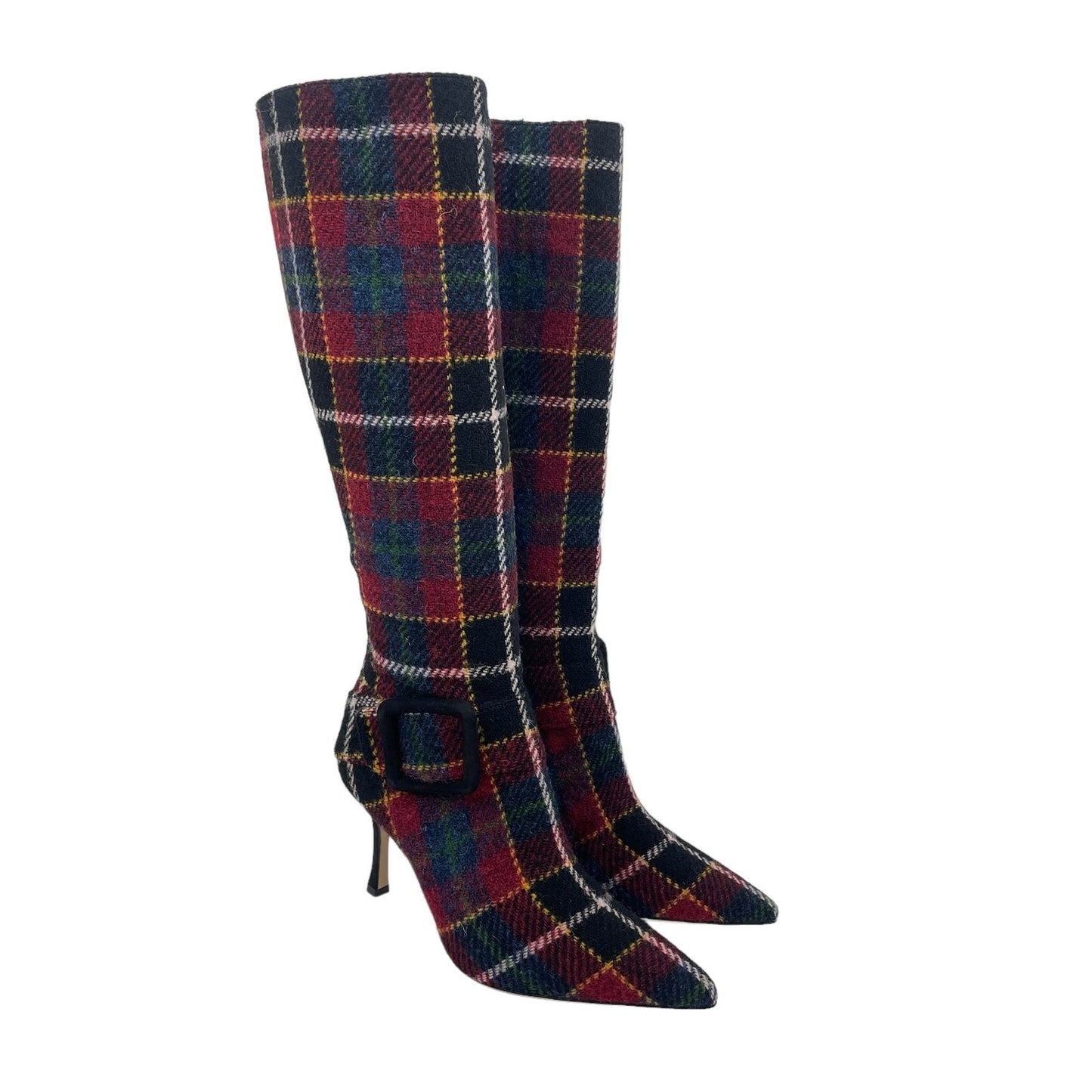 Manolo Blahnik Bayhi Gala Val Check Virgin Wool Knee High Boots Size 37.5