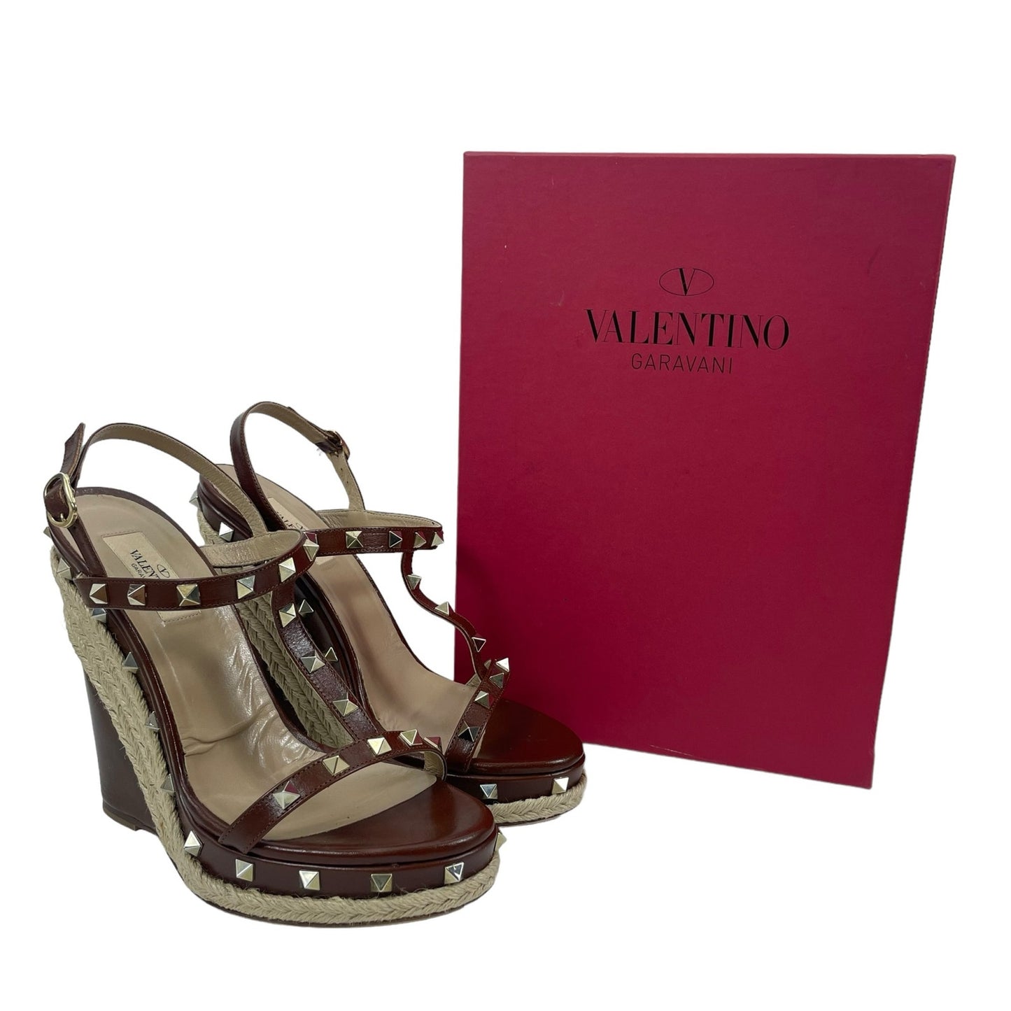 Valentino Garavani Rockstud Platform Wedge Espadrille Sandals Brown Size 40