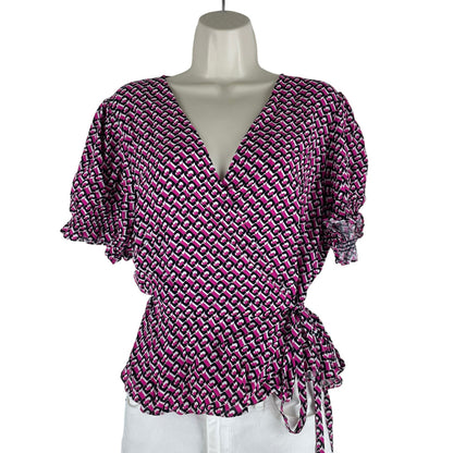 Diane von Furstenberg Emilia 3D Chain Printed Wrap Top Pink Size 16