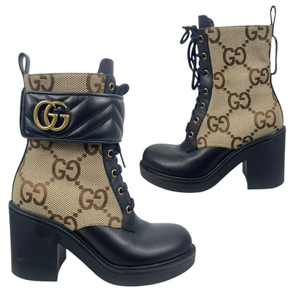 Gucci Flores Calfskin Monogram Double GG Ankle Boots Camel Ebony Size 36