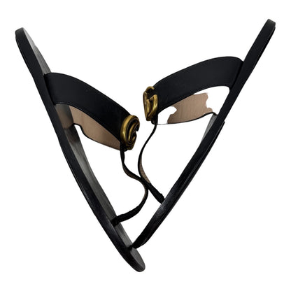Gucci Black Leather Thong Sandal Gold Double G Logo Size 38.5