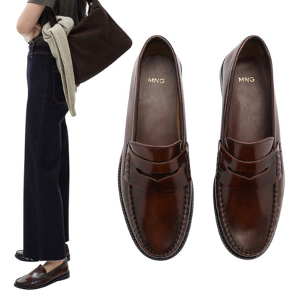 Mango Gathered Leather Moccasin Loafer Cognac Brown Size 40