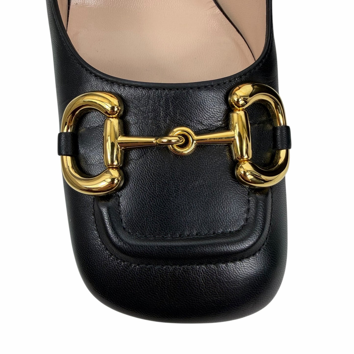 Gucci Horsebit Square Toe Leather Pump Block Heel Black Gold Size 41