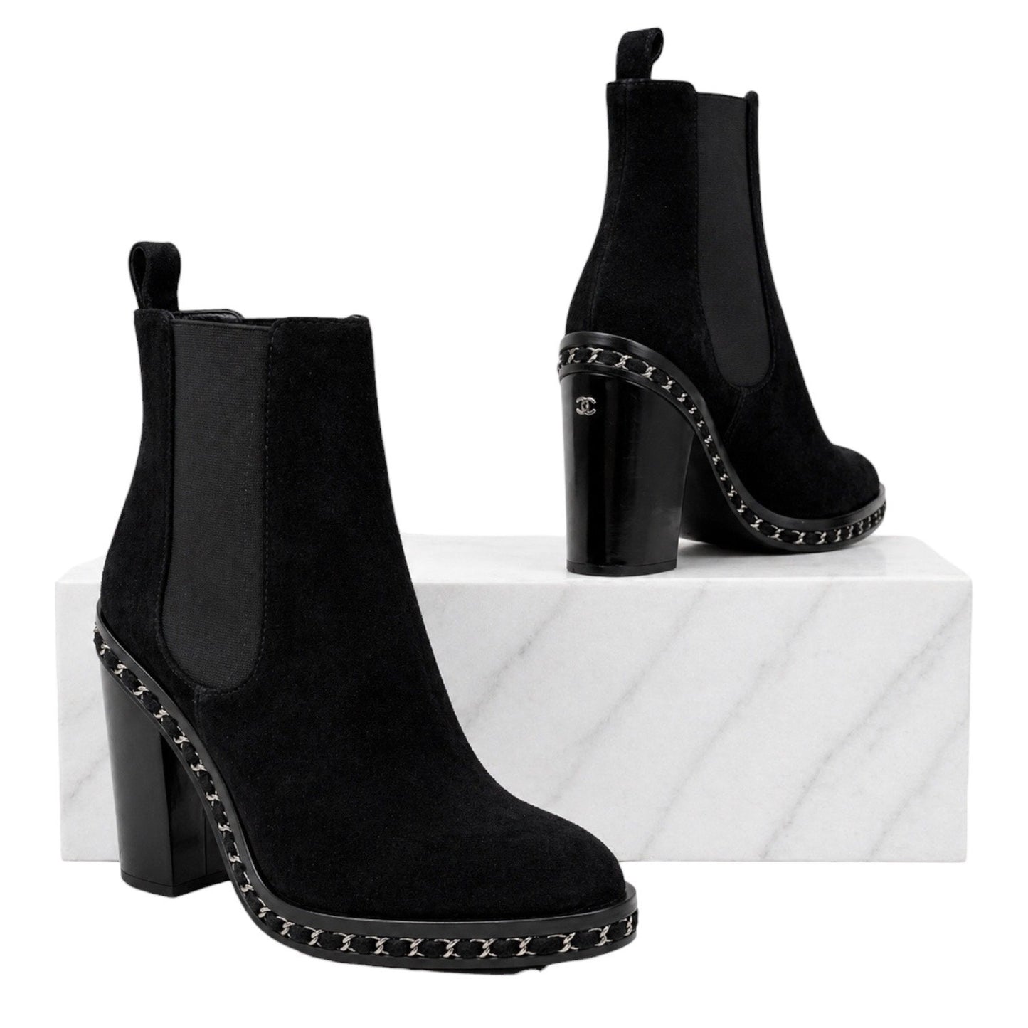 Chanel Interlocking CC Logo Heel Chain Suede Ankle Boots Black Size 40