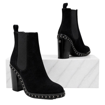 Chanel Interlocking CC Logo Heel Chain Suede Ankle Boots Black Size 40