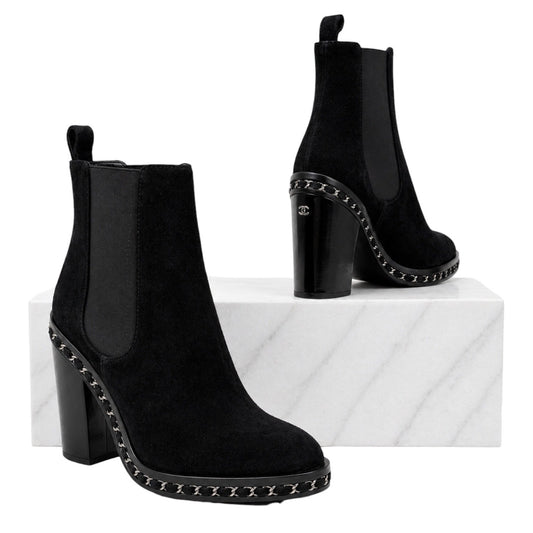 Chanel Interlocking CC Logo Heel Chain Suede Ankle Boots Black Size 40