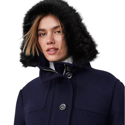 Ann Taylor Weekend Collection Faux Fur Trim Wool Duffle Coat Blue Size M