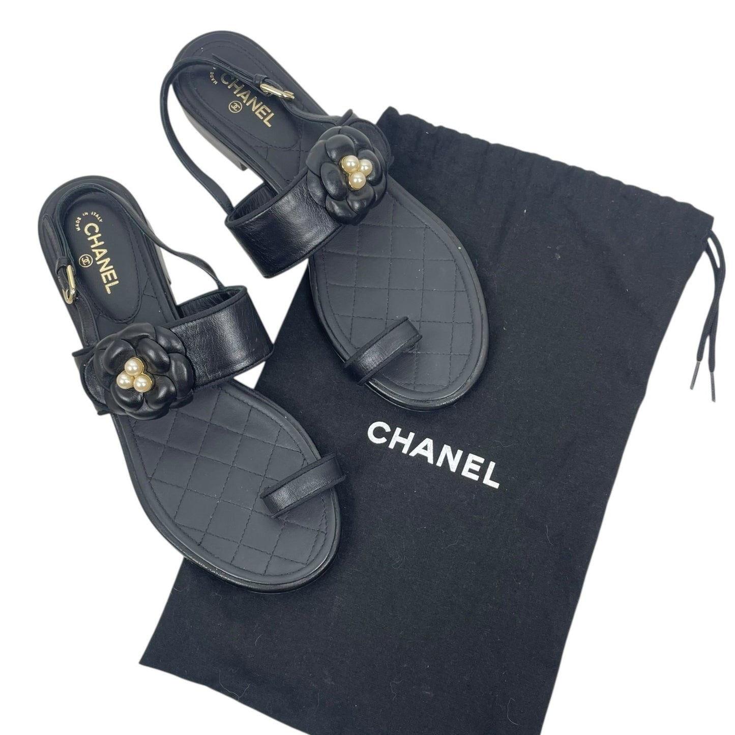 Chanel Camellia Pearl Logo Toe Ring Slingback Flat Sandal Black Size 37.5