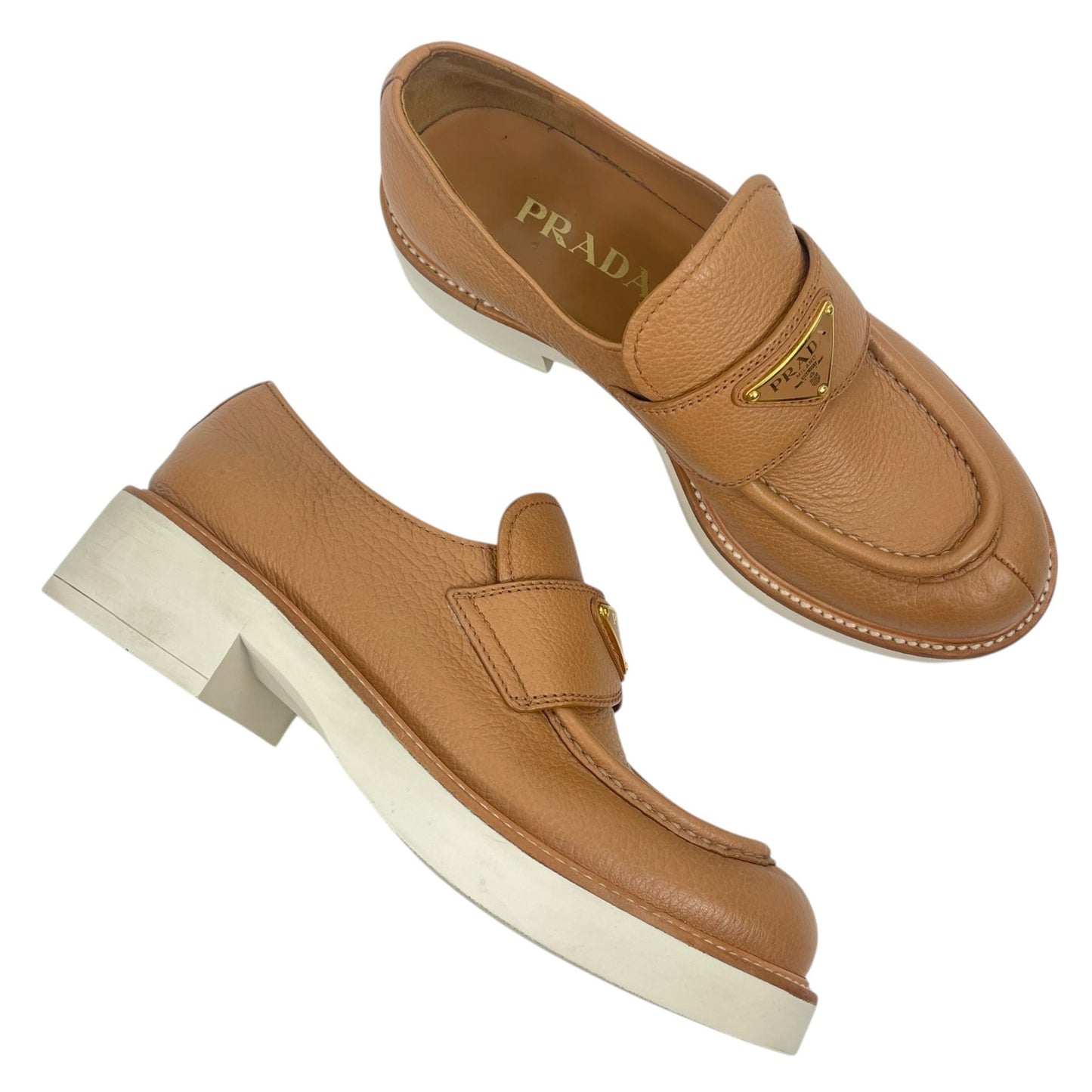 Prada Triangle Logo Pebble Leather Platform Loafer in Brown Size 37.5