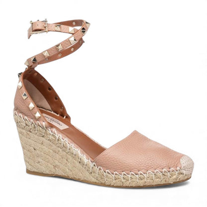 Valentino Garavani Rockstud Double Leather Wedge Espadrille Pink Size 39