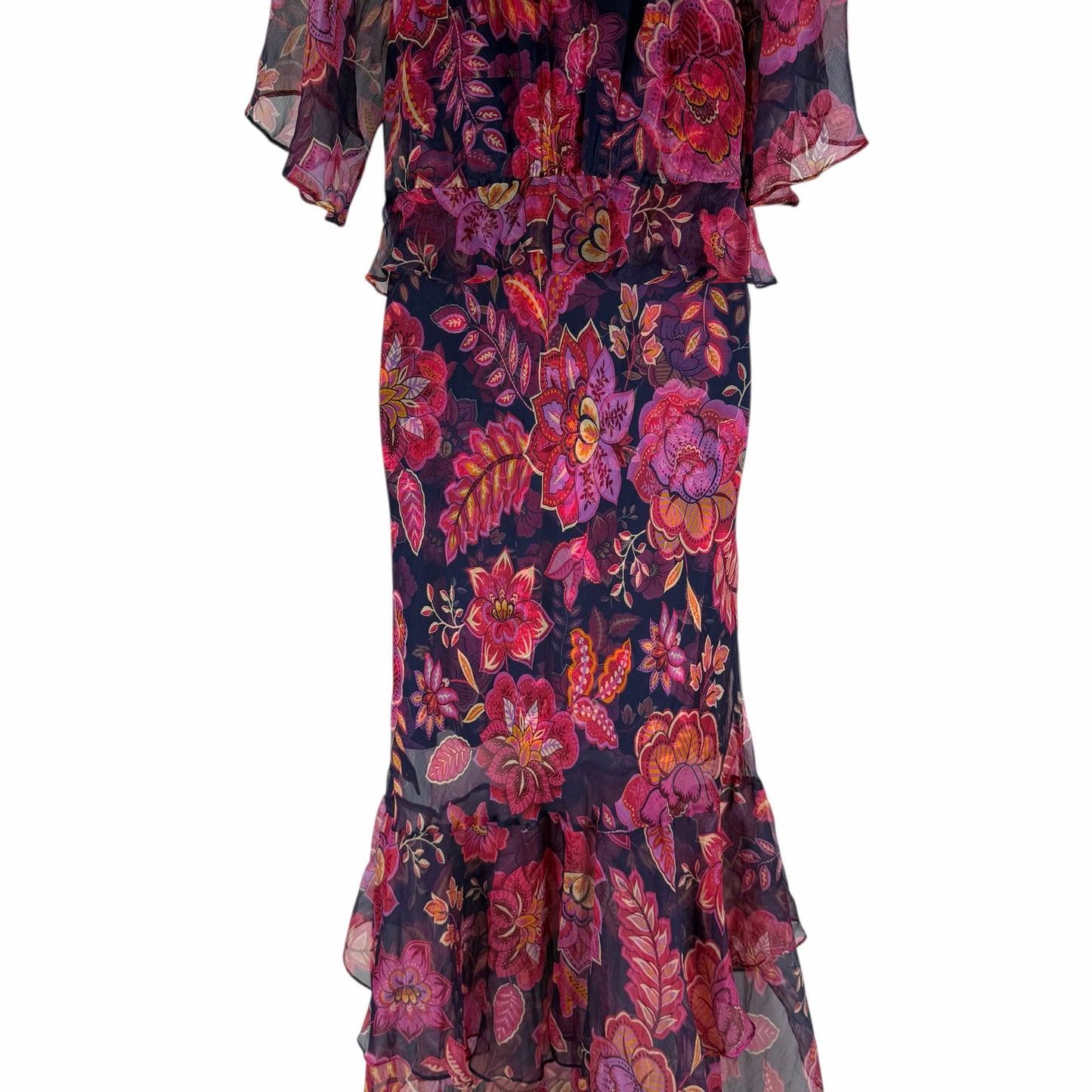 Johnny Was Jade Luxee Floral Silk Ruffle Maxi Dress Petria Pink Size XS