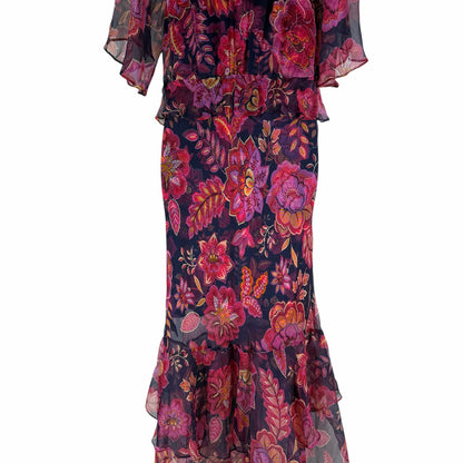 Johnny Was Jade Luxee Floral Silk Ruffle Maxi Dress Petria Pink Size XS