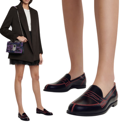 Christian Louboutin Mocalaureat Leather Penny Loafer Black Red Size 36