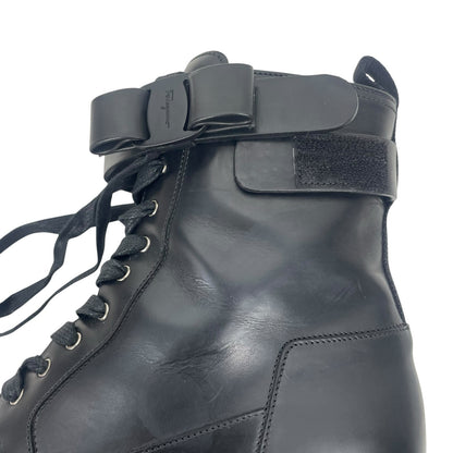 Salvatore Ferragamo Vara bow Lace Up Leather Combat Boots Black Size 9.5