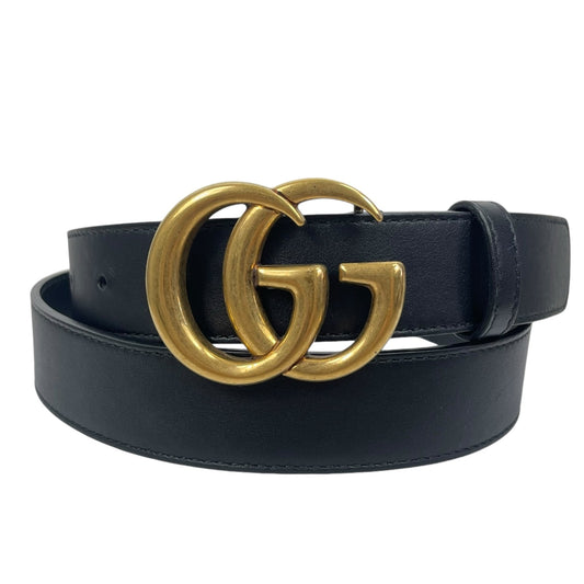 Gucci Marmot GG Logo Leather Thin Belt Black Gold Buckle Men Size 95/ 38