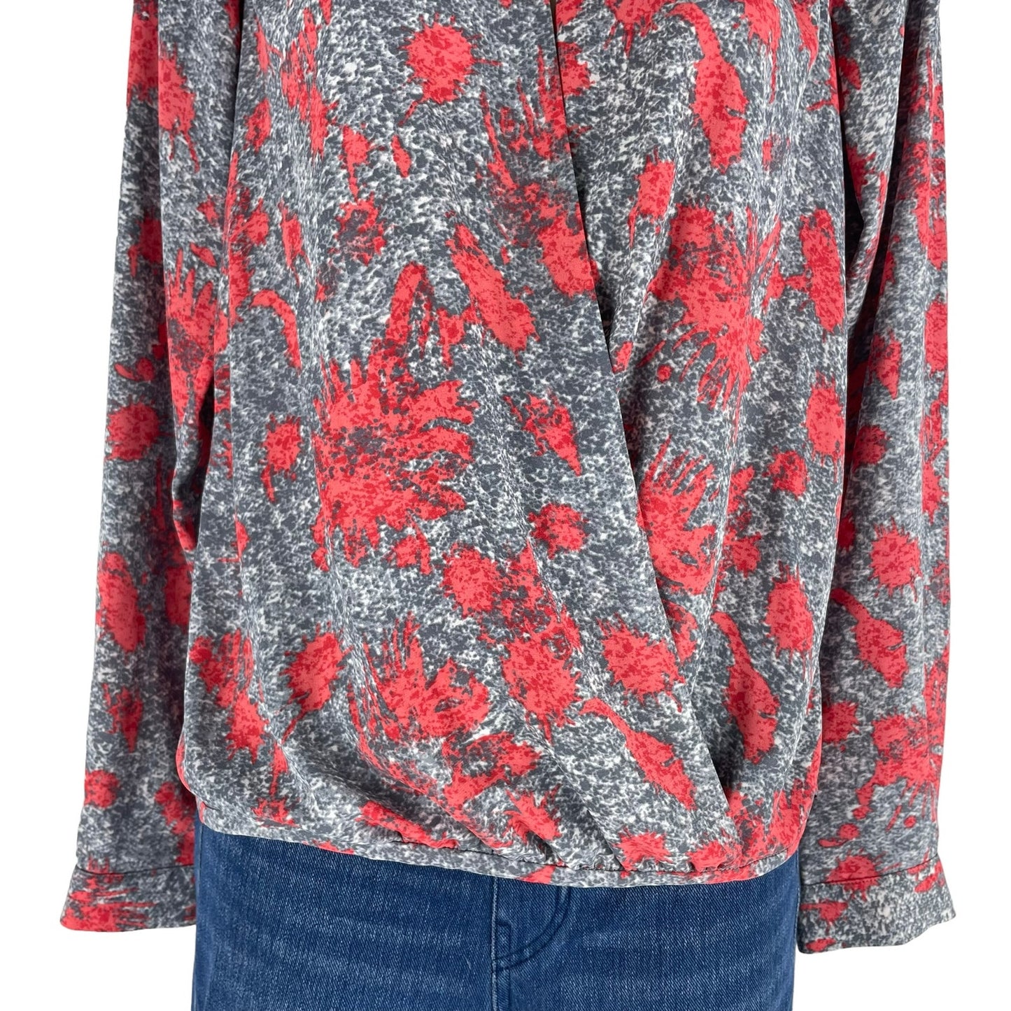 Yoana Baraschi Printed Faux Wrap Top Blouse Long Sleeve Gray Red Size S/M