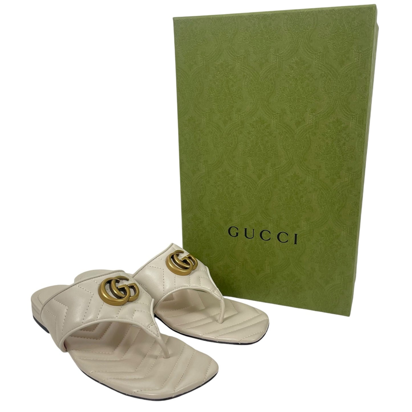 Gucci GG Marmont Leather Thong Sandals Cream White Gold Size 37