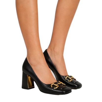 Gucci Horsebit Square Toe Leather Pump Block Heel Black Gold Size 41