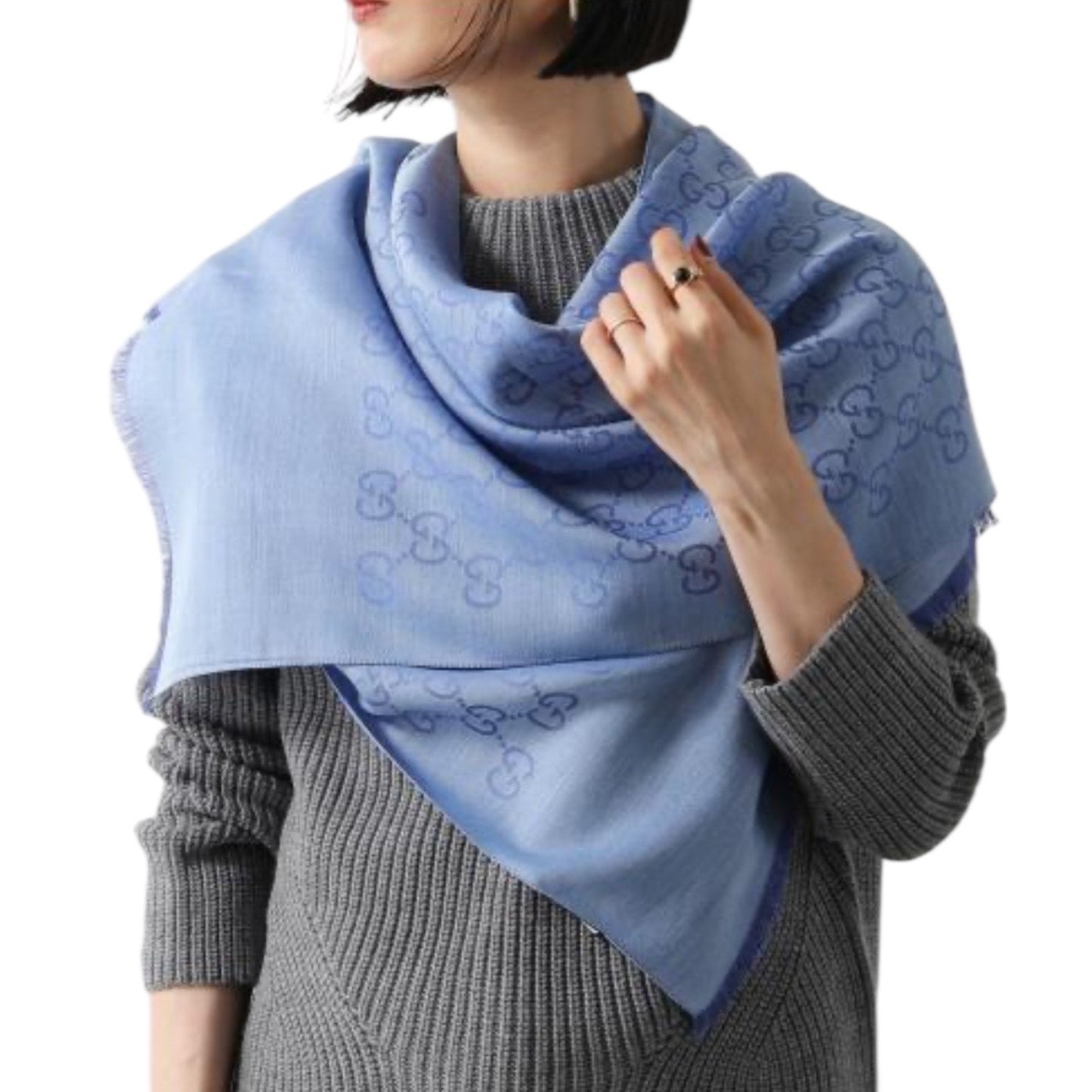 Gucci Wool Silk GG Monogram Light Jacquard Scarf Two Tone Blue