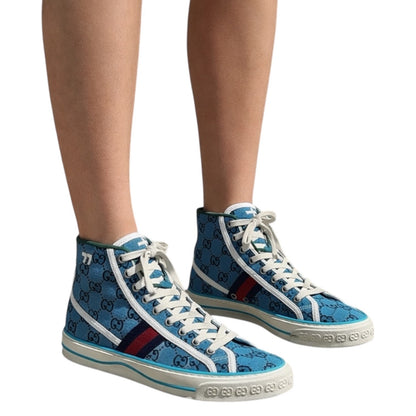 Gucci Tennis 1977 High Top Sneakers Turquoise Navy Logo Monogram Size 37