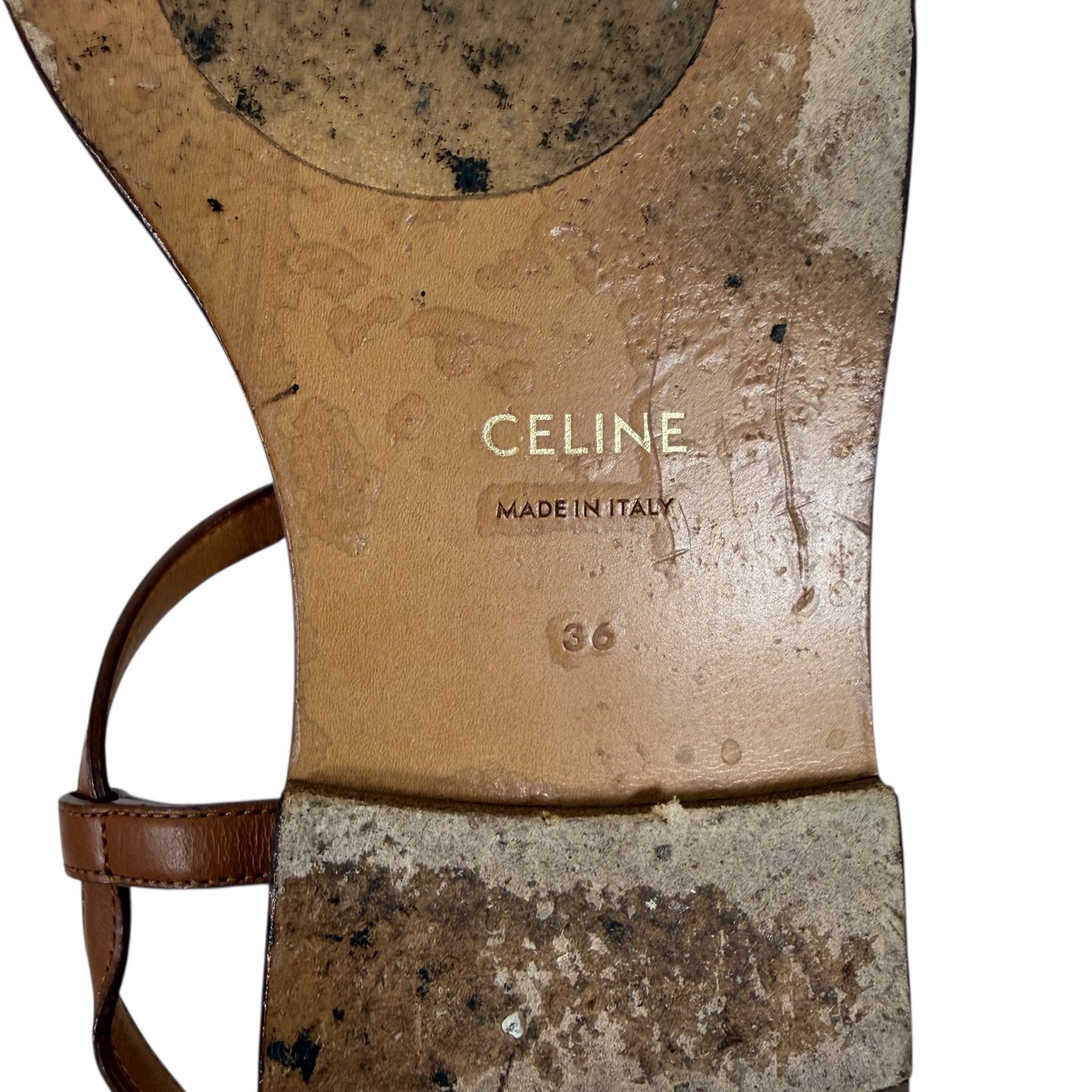 Celine Triomphe Thong Leather Flat Sandal Ankle Strap Brown Size 36