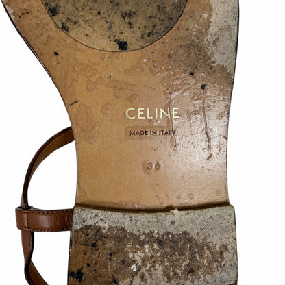Celine Triomphe Thong Leather Flat Sandal Ankle Strap Brown Size 36