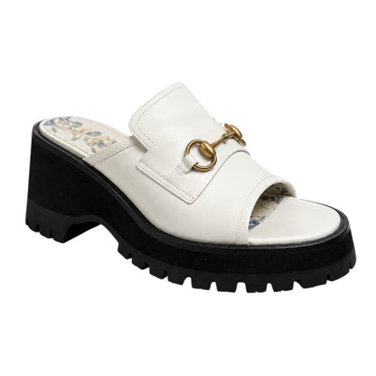 Gucci Cordovan Horsebit Open Toe Platform Slide Sandal Dusty White Size 41