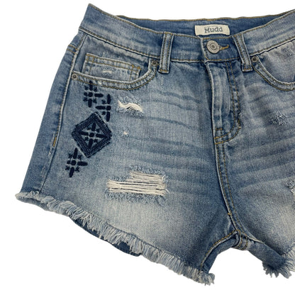 Mudd High Rise Embroidered Fray Hem Denim Shorts Med Wash Girl Size 5