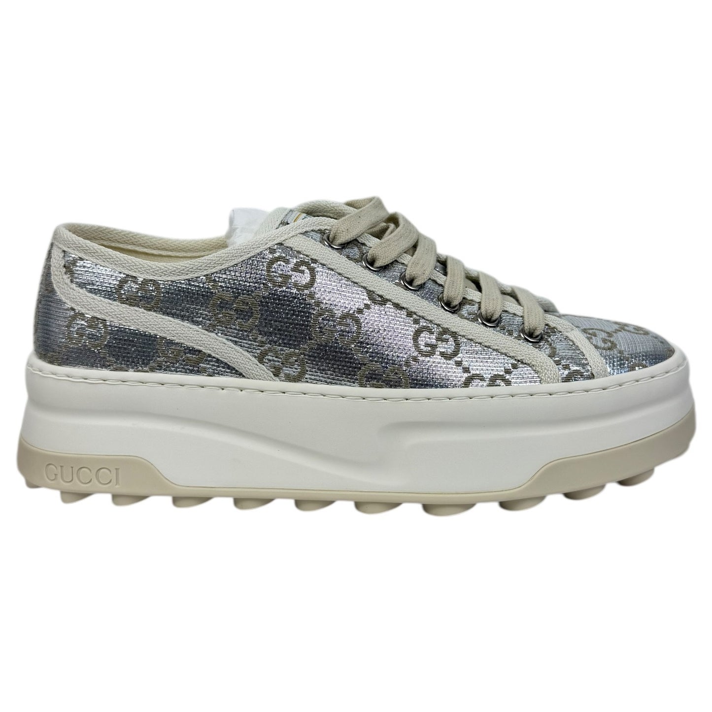 Gucci Tennis 1977 Treck GG Monogram Flatform Sneaker Silver Size 36