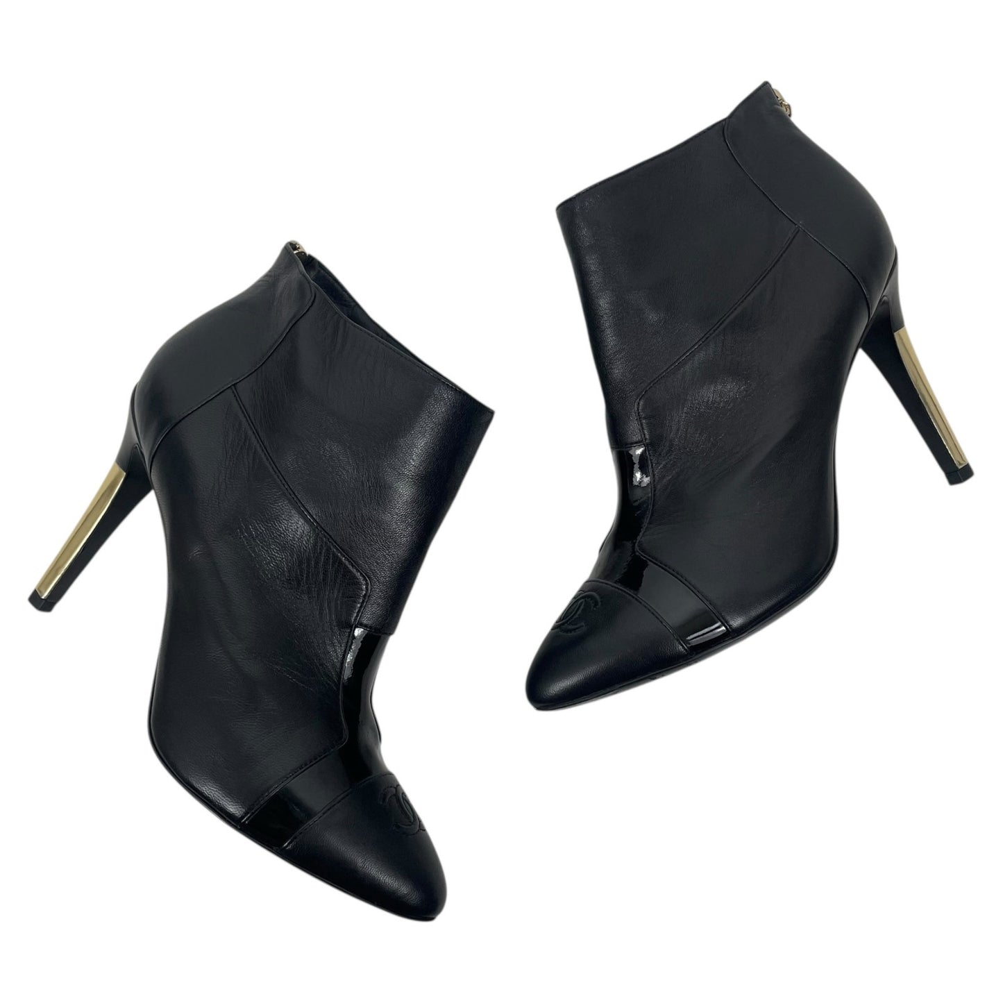 Chanel CC Logo Cap Toe Lamb Leather Heel Ankle Boots Black Size 38