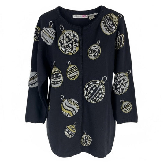 Michael Simon 1991 Christmas Ornaments Cardigan Black Ugly Sweater Size M
