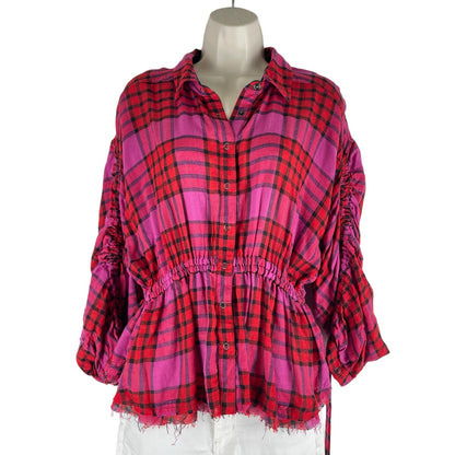 Free People Pacific Dawn Wool Plaid Shirt Red Pink Drawstring Size S