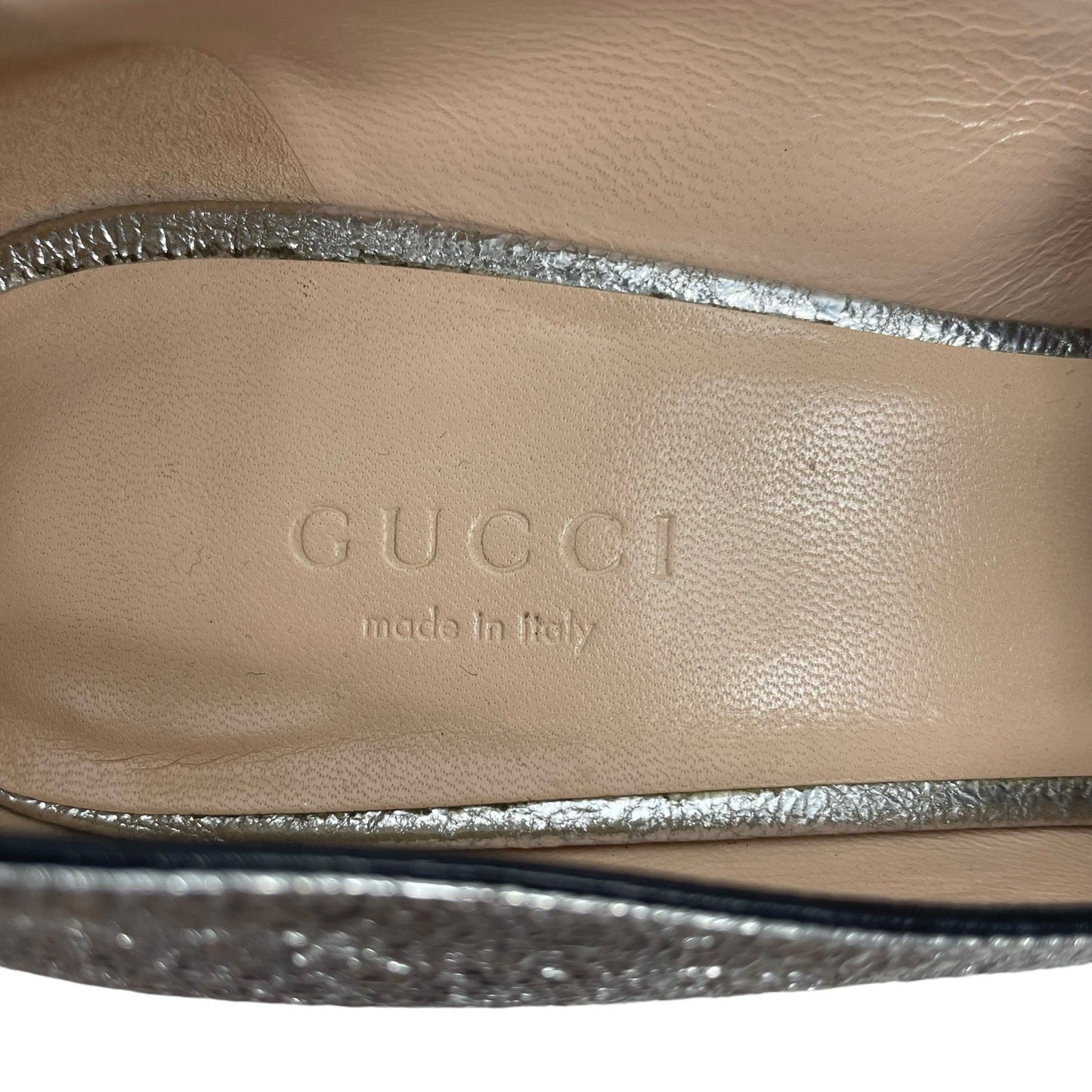 Gucci GG Marmont Pumps Silver Foil Kiltie Logo Low Block Heel Size 36