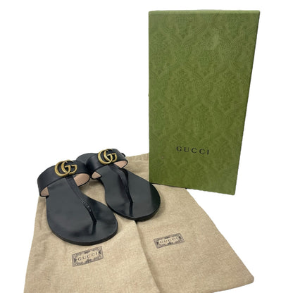 Gucci Leather Thong Sandals with Double G Logo Black Gold Size 41