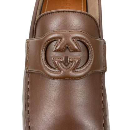 Gucci Interlocking GG Calf Leather Moccasin Driver Loafer Brown Size 13/13.5
