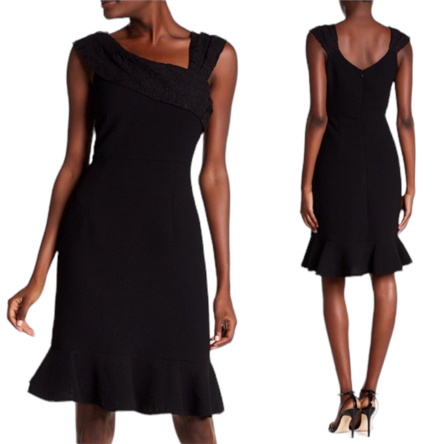 Nanette Lepore Asymmetrical Neck Lace Ruffle Hem Dress Black Size 4