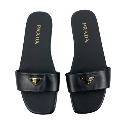 Prada Logo Enamel Plaque Flat Leather Slide Sandal Black Size 37.5